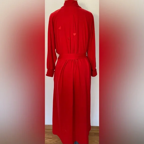 Vintage Red Wool Fur Belt 70s Bathrobe *Small* LILY Of FRANCE Raglan Sleeve Knit